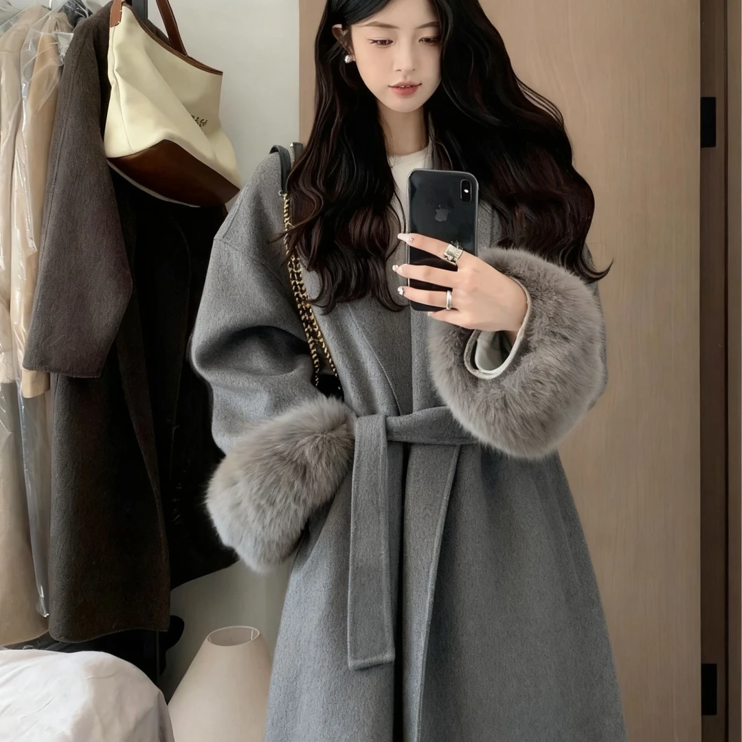 留洋千金风大衣女2025秋冬狐狸毛袖口中长款双面绒呢子外套