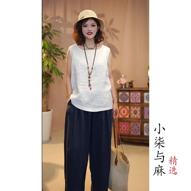 【小柒与麻】100进口亚麻前短后长背心（衣长59-65胸围115）