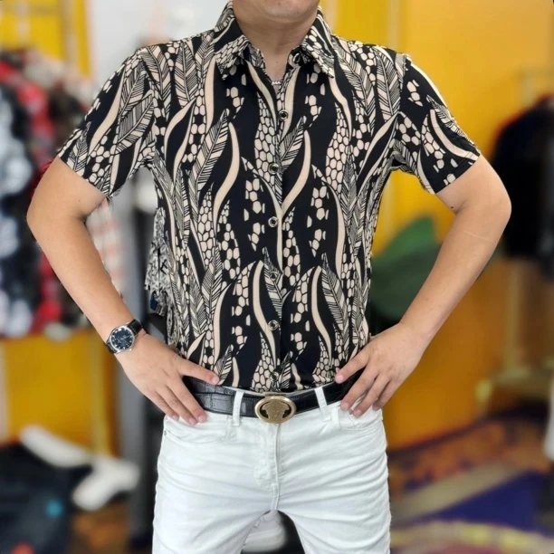 25027夏季新款时尚潮流轻奢男士冰丝提花修身短袖衬衫衬衣