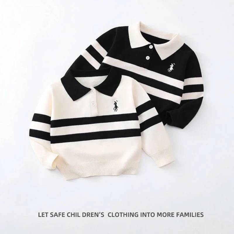 儿童翻领刺绣polo衫上衣秋季新款男童长袖针织衫百搭时尚撞色毛衣