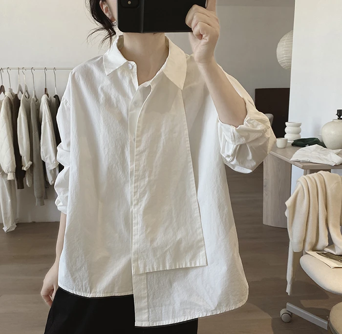 正版 棉质衬衫女春秋新款宽松韩版简约小众设计感不规则减龄上衣
