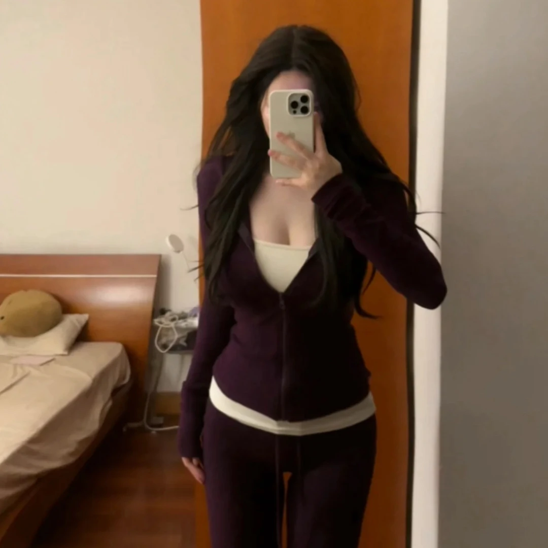 CallmeHuang 美式秋立领连帽外套搭配喇叭长裤显身材套装