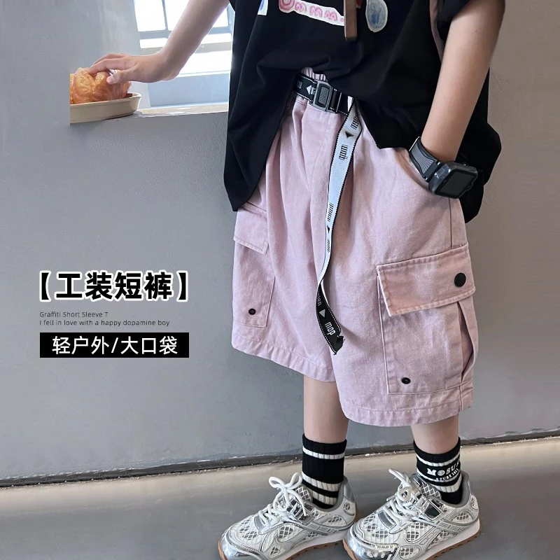 儿童欧若风粉色工装短裤休闲洋气男童中大童韩版大口袋404362O0