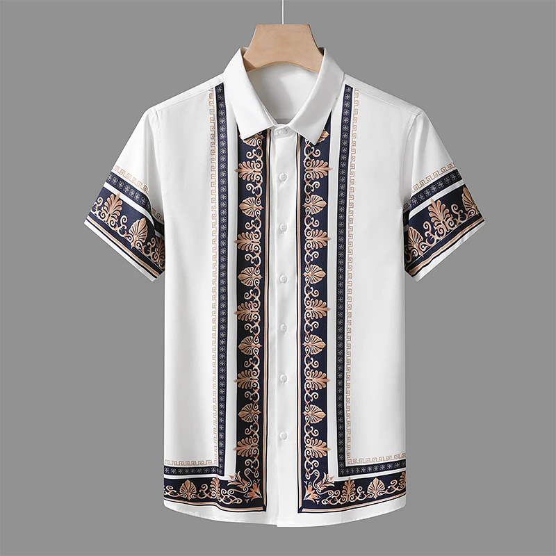 施摩瓦戈花衬衫男短袖夏季潮牌修身半袖印花时尚百搭衬衣潮男上衣