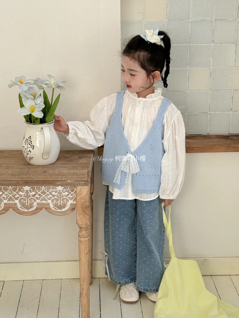 25005小众早夏新款系带蝴蝶结喇叭袖衬衫针织吊带甜美女童套装潮