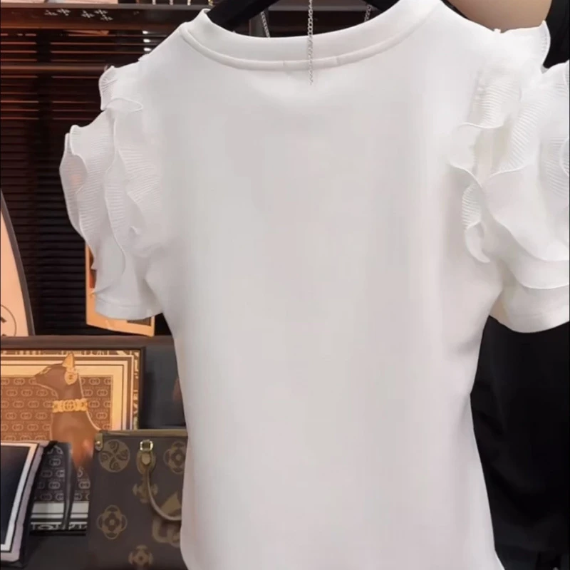 轻奢新款小清新T恤女年新款百搭外穿甜美粉色亮片上衣夏季