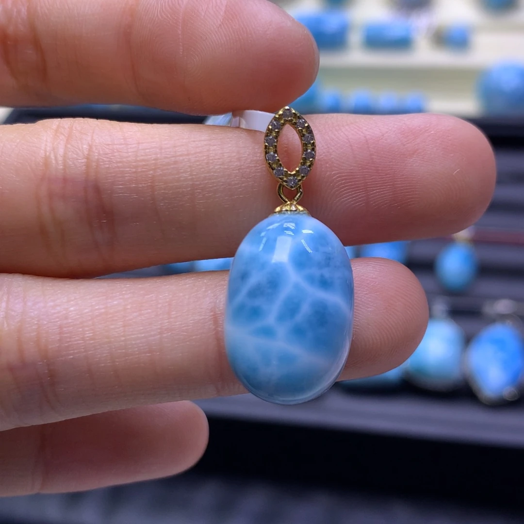 针钠钙石（海纹石）银S925镶嵌吊坠(不含链)蛋面吊坠色差略异