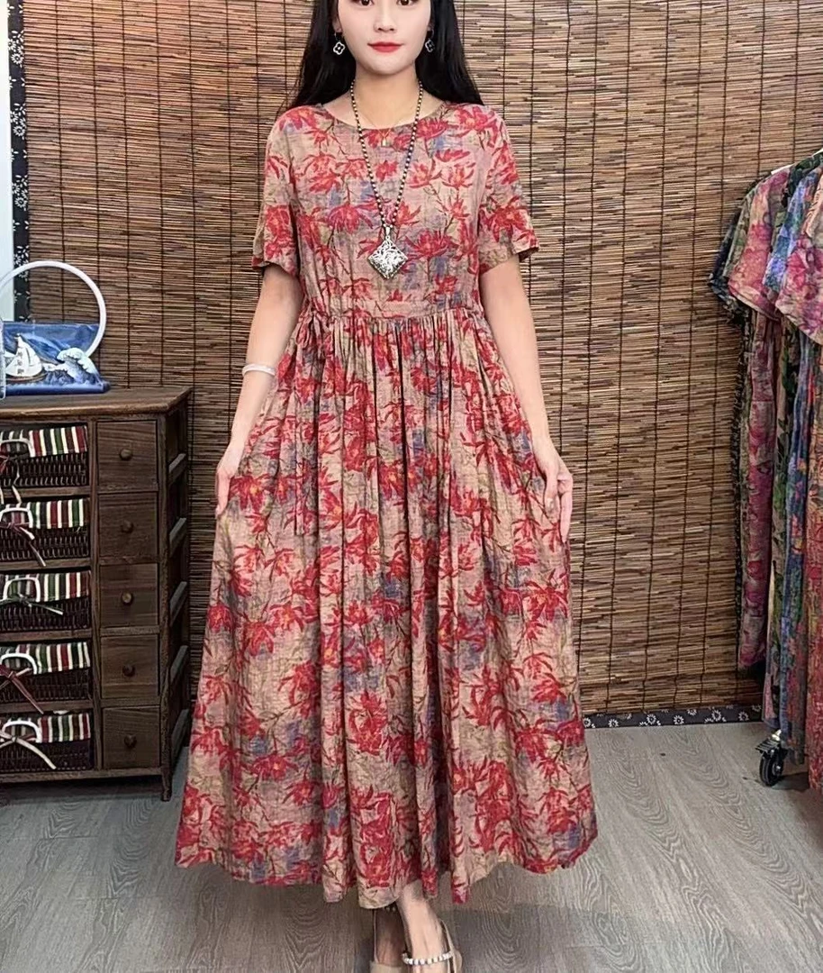 004夏季2024新款文艺优雅短袖显瘦气质A字版大摆连衣裙时尚