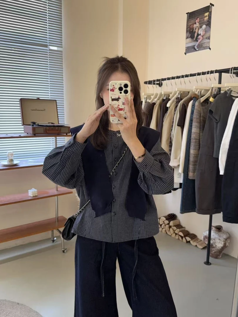 【浪漫秋季】秋季新款韩系洋气披肩两件套格子衬衣98115
