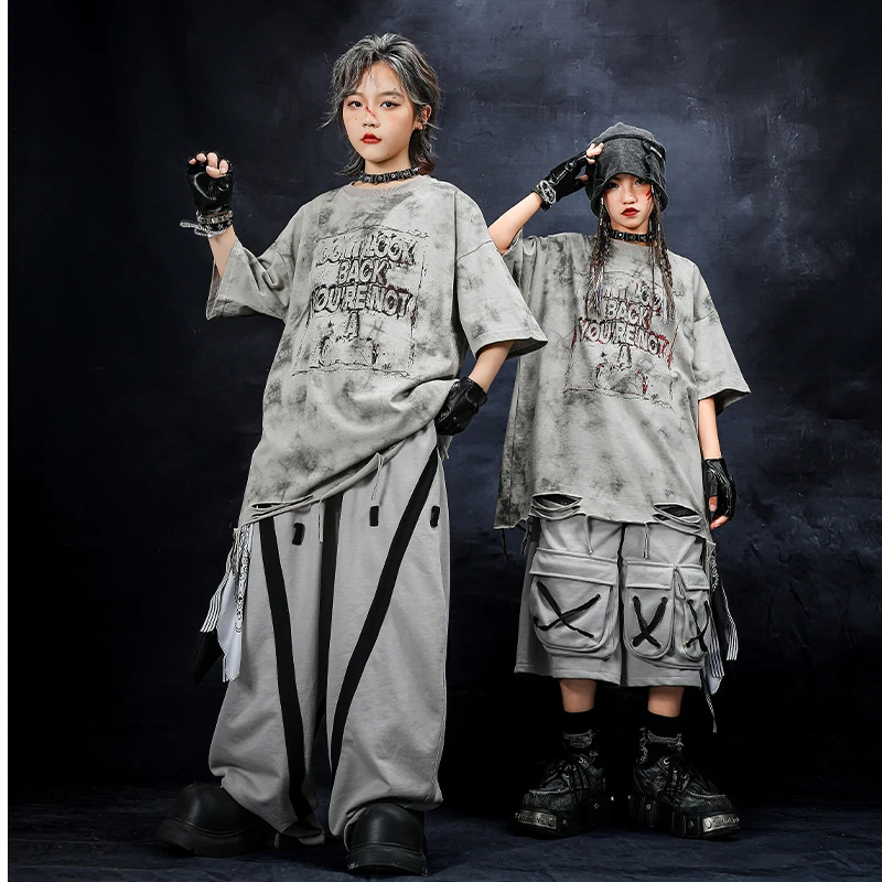 儿童街舞服装嘻哈潮服男童灰色破洞演出服套装hiphop女童走秀潮装