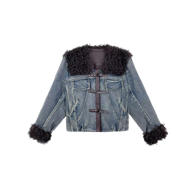 2025新款韩系牛仔短款外套女冬季加厚小个子高级感上衣拼毛毛棉服