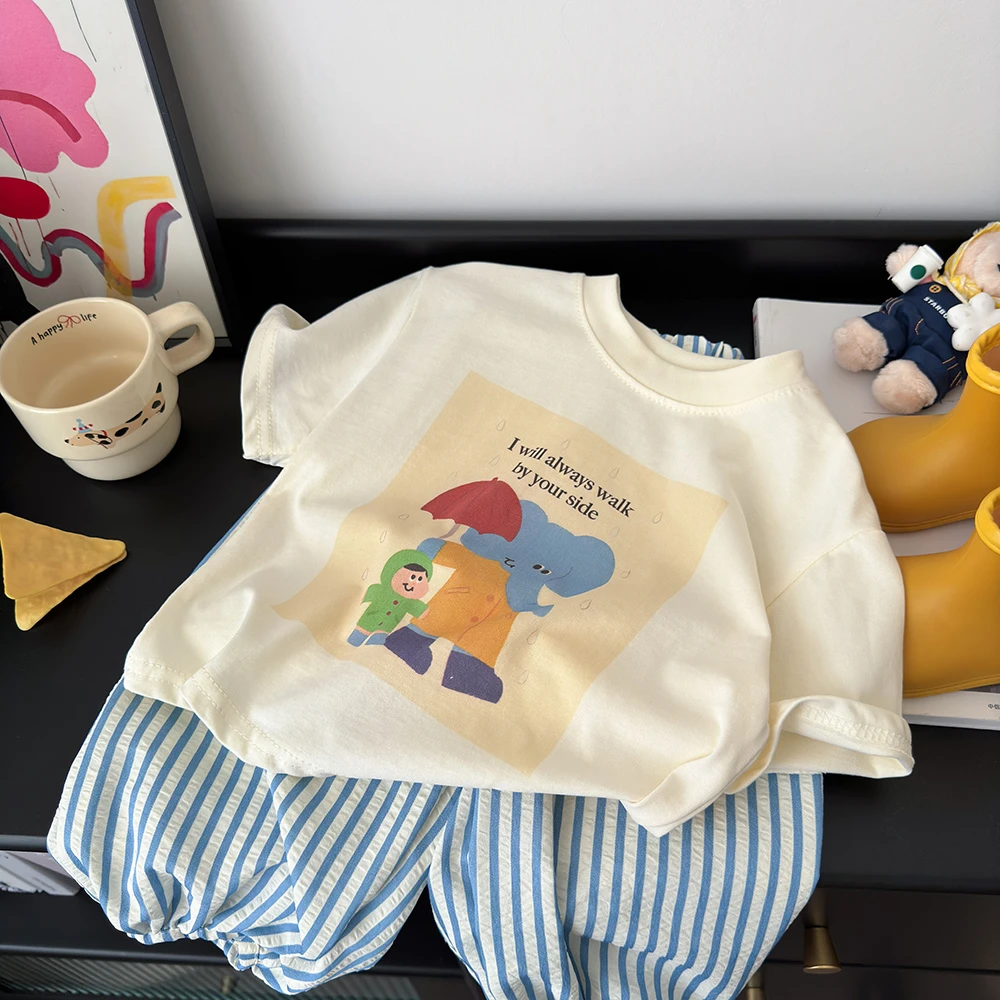 2025夏季新款儿童韩版爆款短袖竖条休闲裤宽松套装