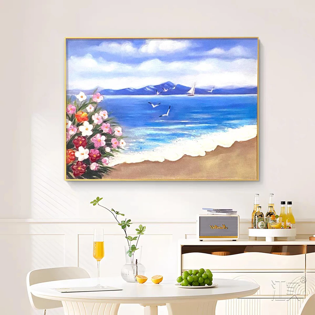130新款客厅背景墙装饰画砂岩手工油画轻奢高级感挂画海浪6080