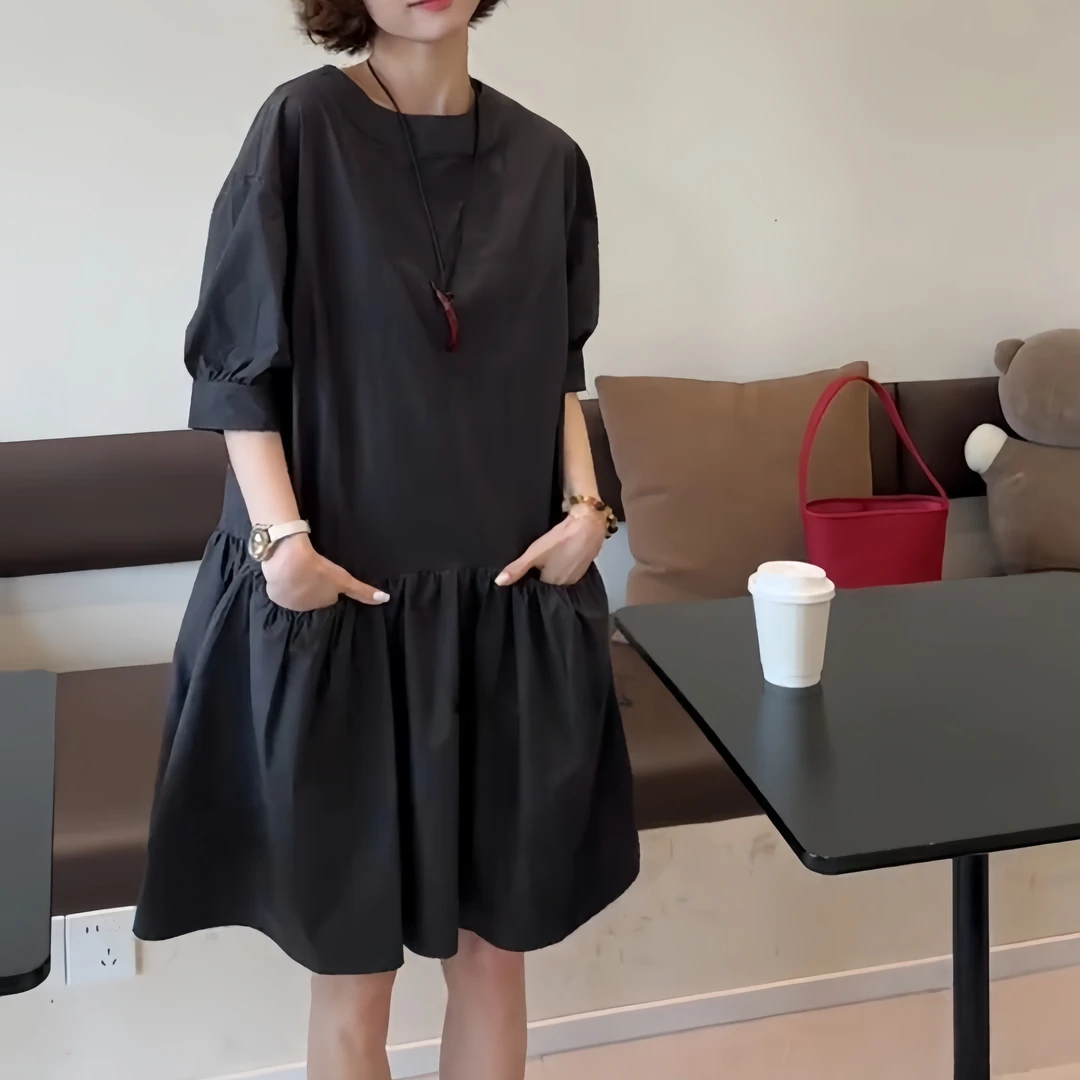 梨型身材高级感连衣裙女2025夏季新款设计感宽松显瘦短袖中长裙女