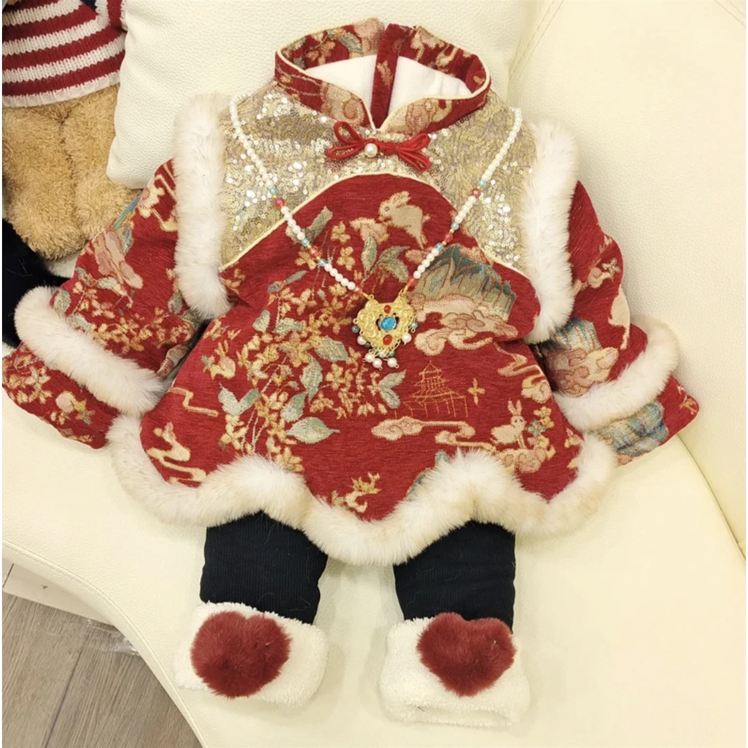 女童拜年服2025新款冬装周岁礼服小童女宝宝红色过年旗袍汉服裙