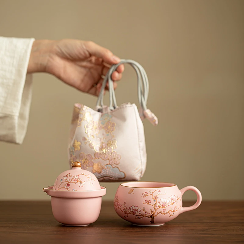 樱花茶咖杯旅行布包个人专用便携式快客杯户外露营泡茶壶 A13184