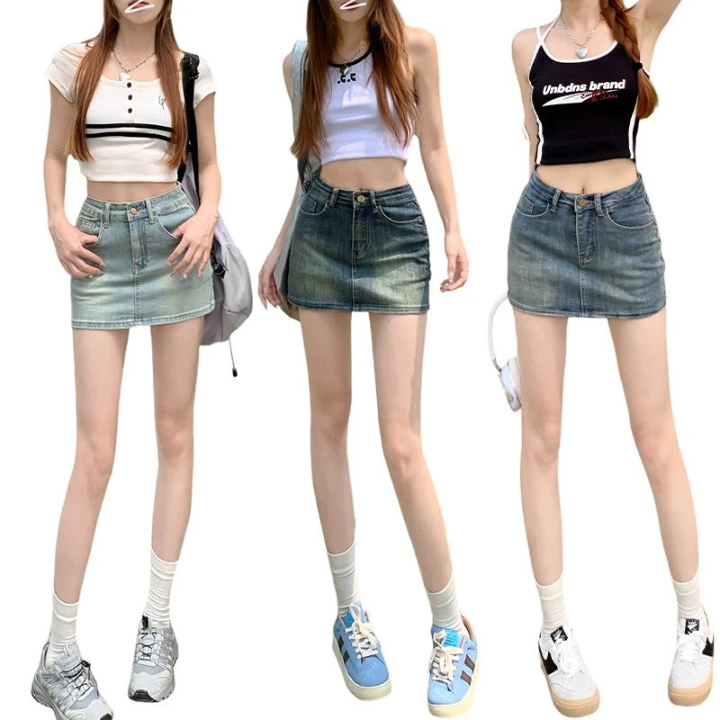 秋季复古辣妹包臀裙怀旧A字牛仔裙高腰弹力防走光内衬时尚显腿长