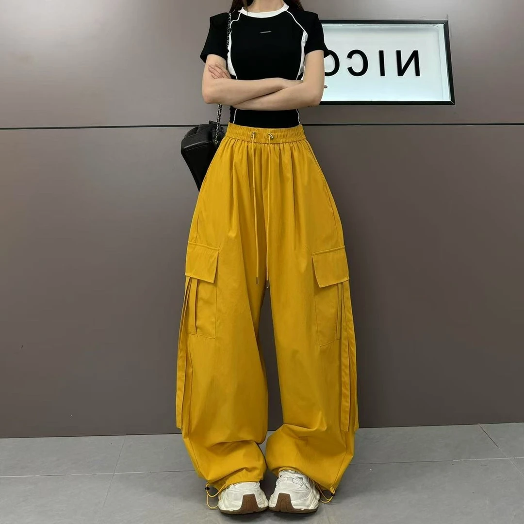 夏季时尚气质感水洗棉工装轻薄重工阔腿直筒宽松休闲裤百搭垂感