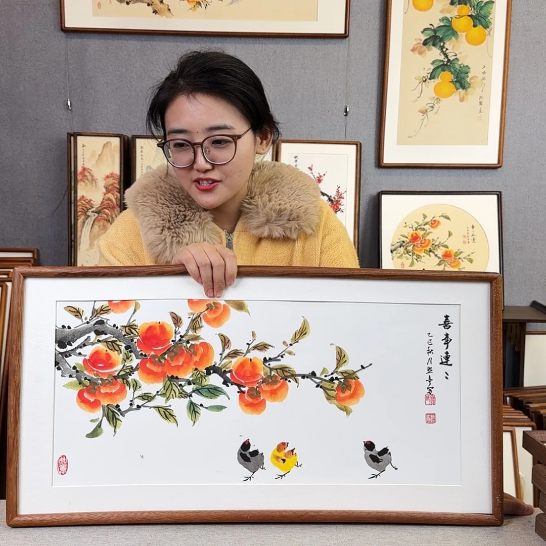 国画纯手绘，纯手写带框尺寸：36×69厘米
