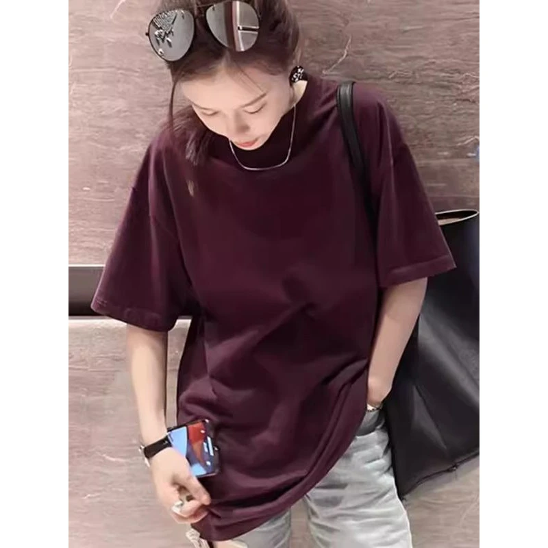 夏季多巴胺枣红色圆领宽松T恤女2025早春百搭短袖中长款体恤上衣