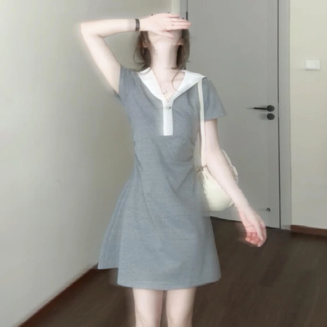 学院风海军领灰色短袖连衣裙子女夏季2025新款小个子收腰显瘦短裙