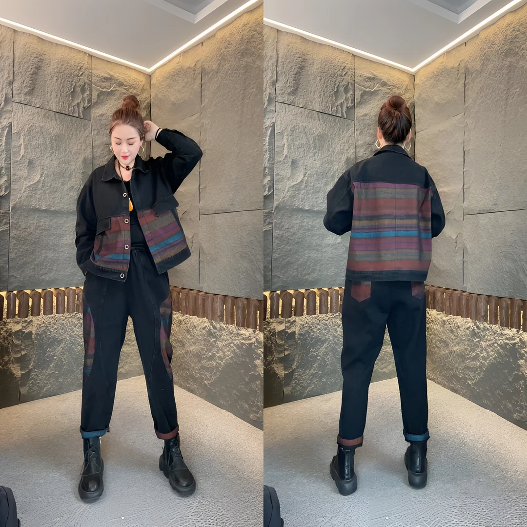 2025春季新款彩色条纹休闲复古宽松百搭牛仔套装