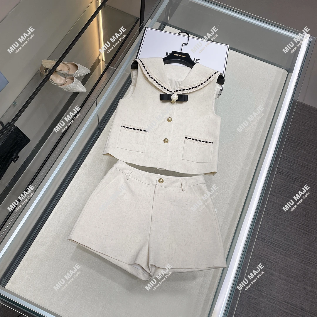 高端女装小香风蝴蝶结海军领无袖背心马甲+短裤套装DY4194