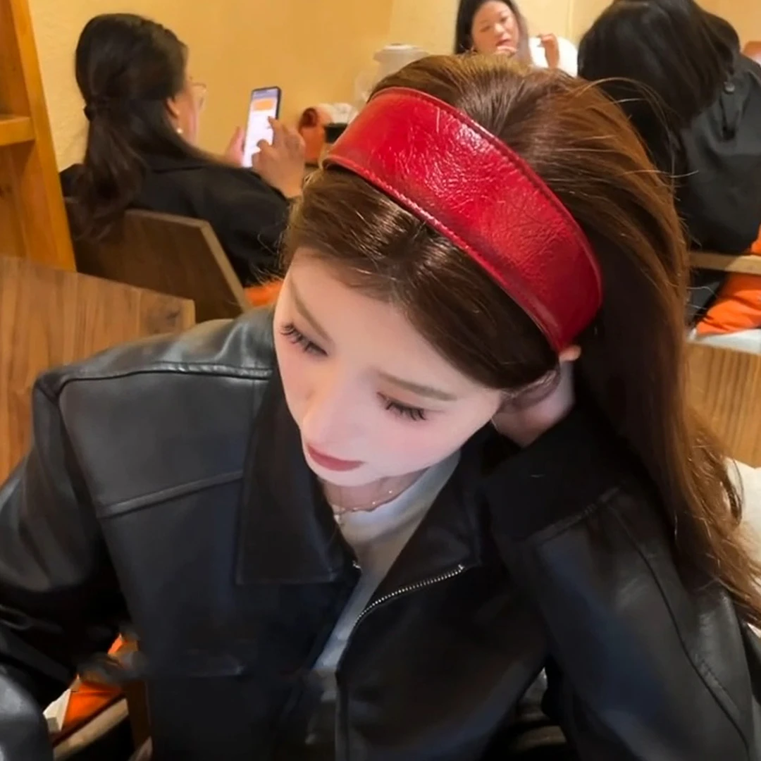 复古红色宽边PU皮发箍女秋冬高级感洋气时尚高颅顶圣诞新年头箍饰