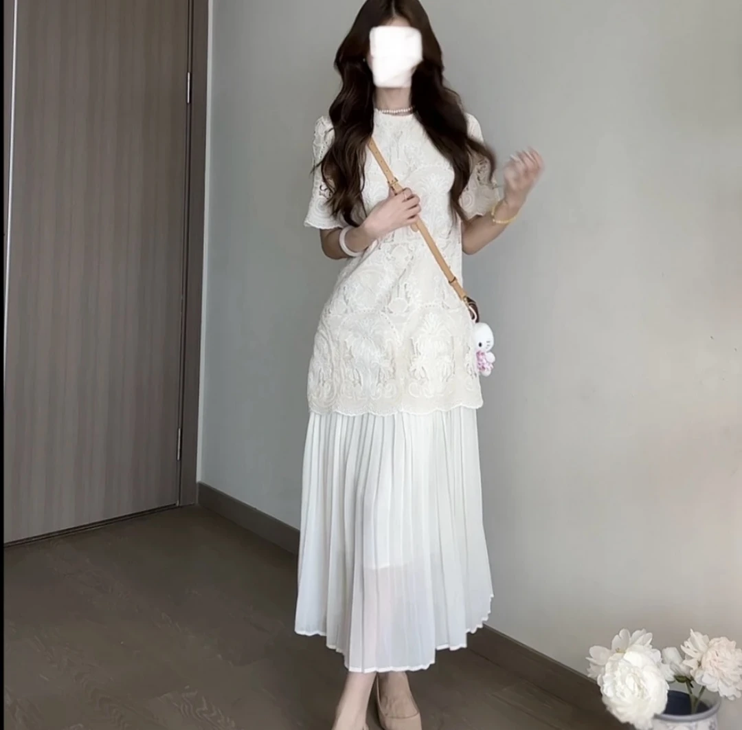 法式重工镂空钩花连衣裙夏季百褶显瘦裙子气质长裙