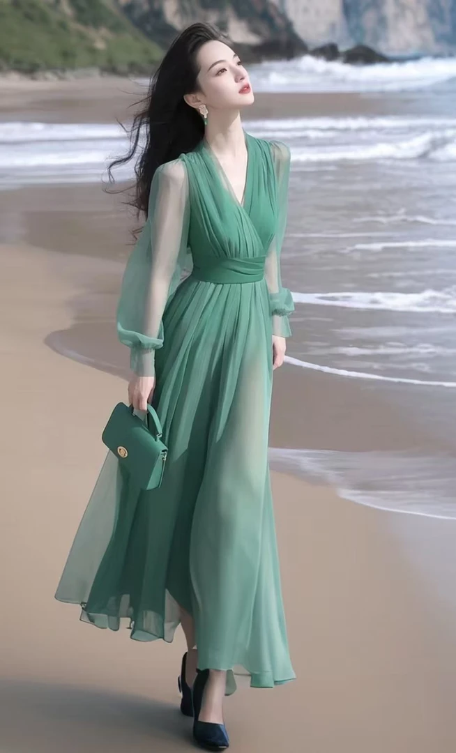 SS700多巴胺绝美长裙女法式独特漂亮高级感绿色雪纺修身连衣裙