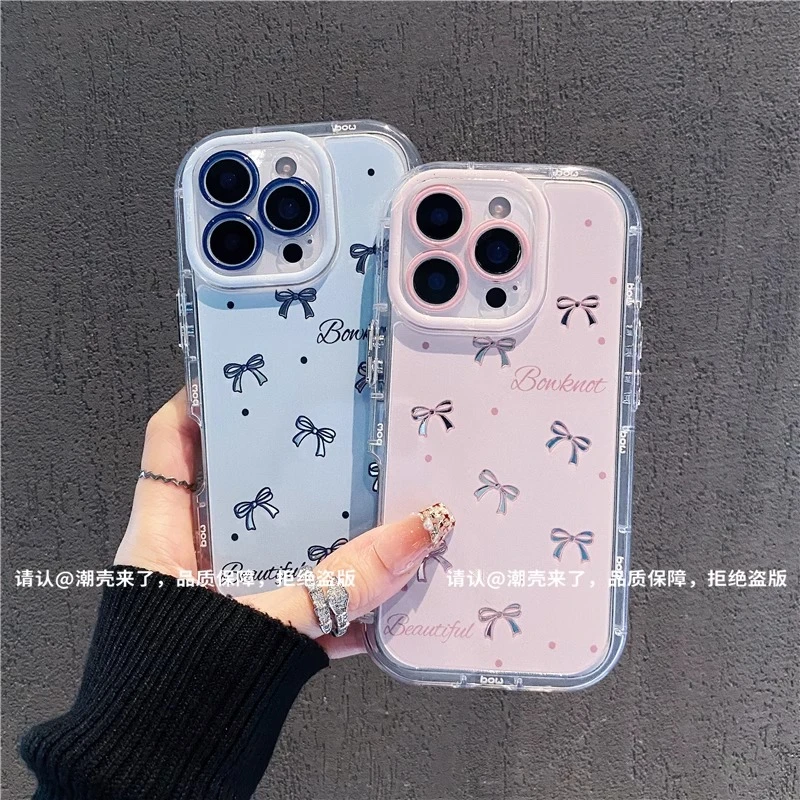 粉蝴蝶结适用苹果16镜面手机壳华为mate70小众vivo新款小米15oppo