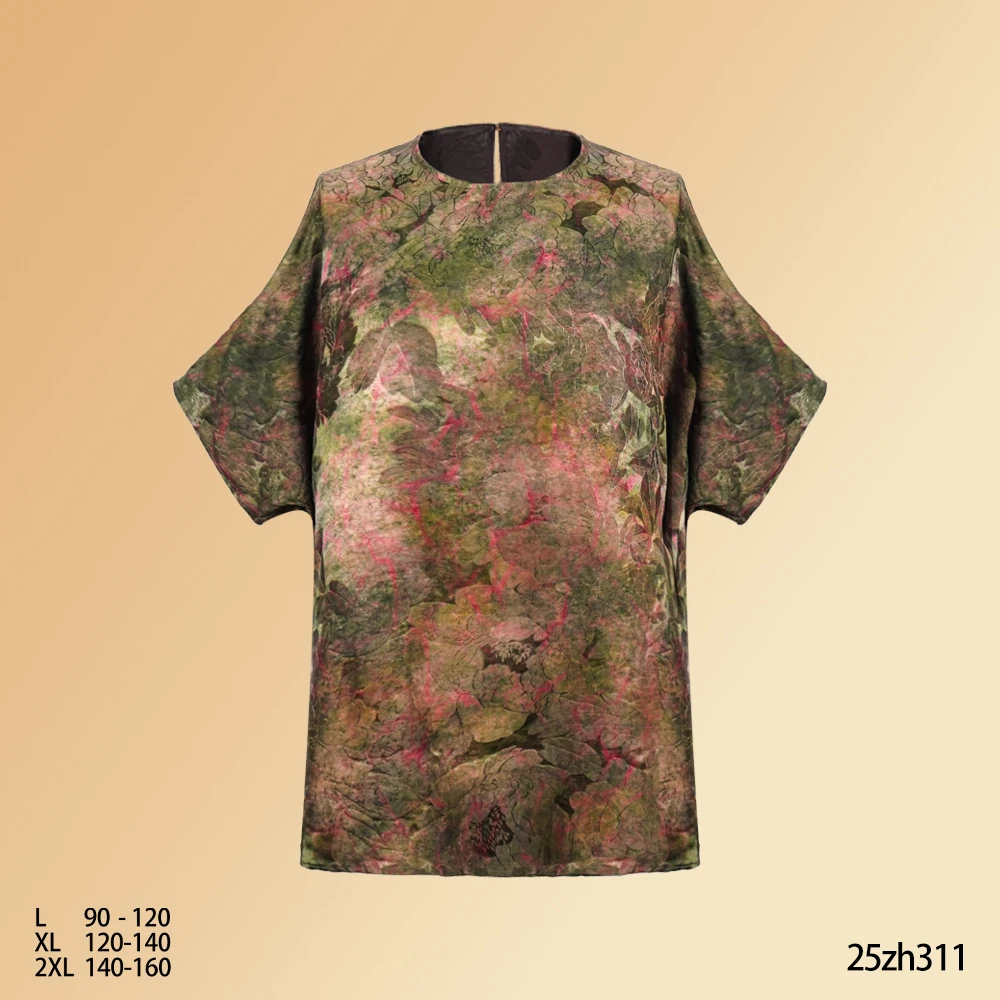 七七2025新款短袖圆领晕彩立体花盘扣套头女蝙蝠衫上衣25zh311