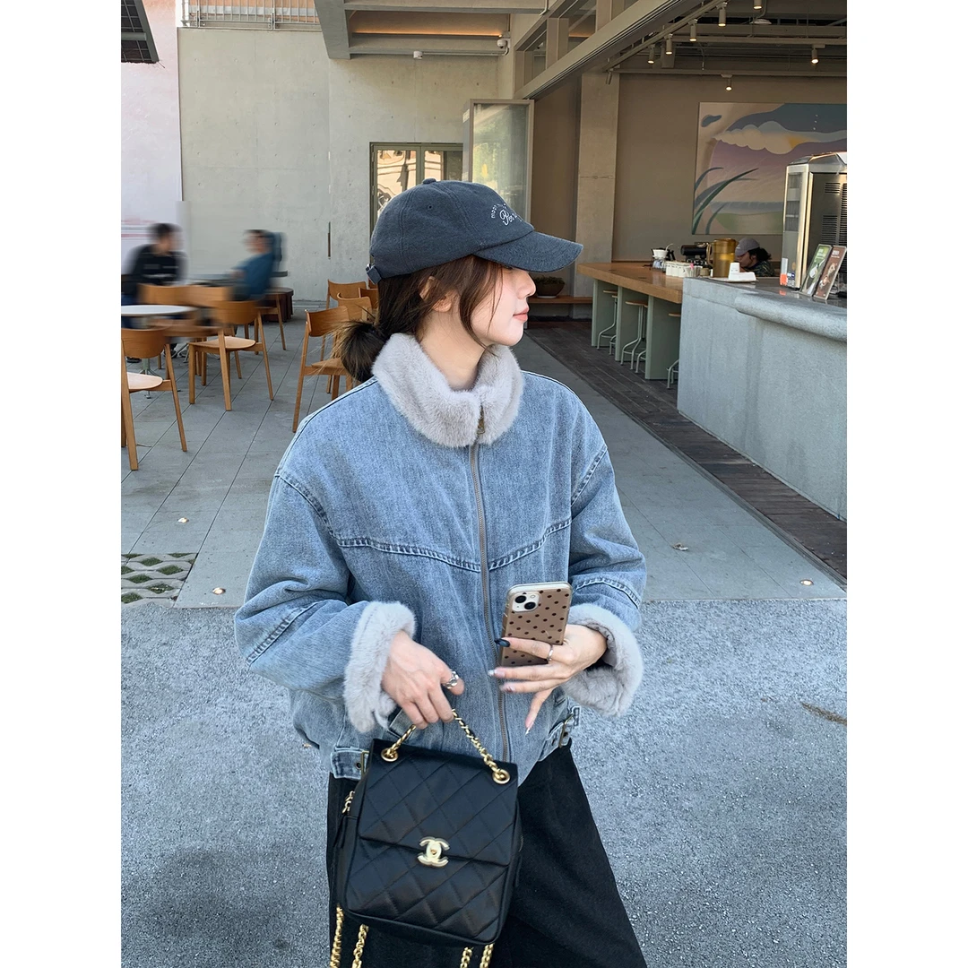 乌77复古仿水貂毛加厚保暖牛仔外套女冬季小个子宽松百搭夹克上衣