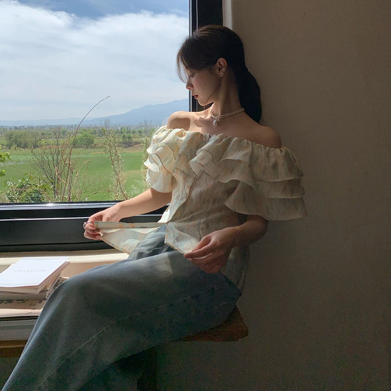 夏法式纯欲一字肩小众时髦荷叶边衬衫女S0826