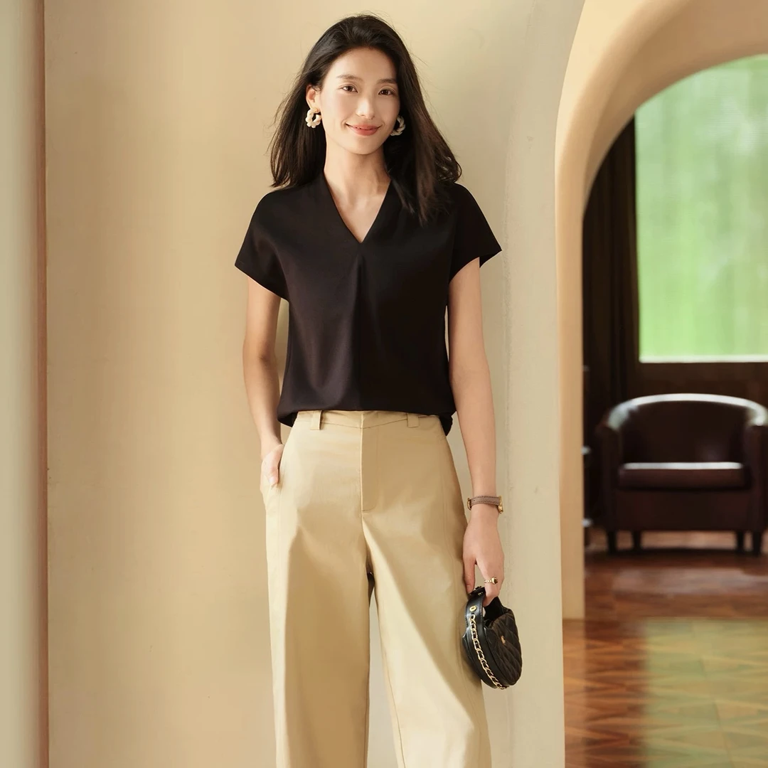 【宁姐专属】（V领T恤）醋酸斜裁显瘦V领春夏短袖T恤