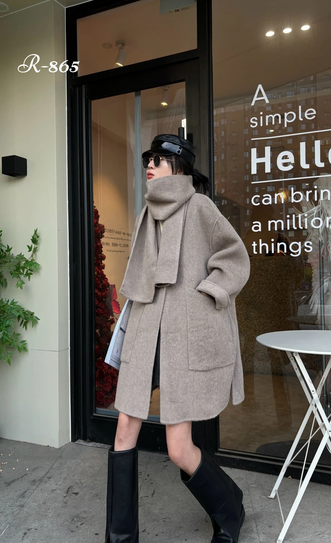 大码秋冬配围巾毛呢双面羊毛外套呢子高级感胖MM双面羊绒大衣865