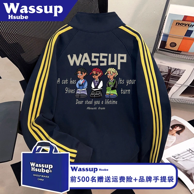 WASSUP HSUBE街头风男女潮牌开衫秋冬全拉链卫衣美式卡通印花上衣