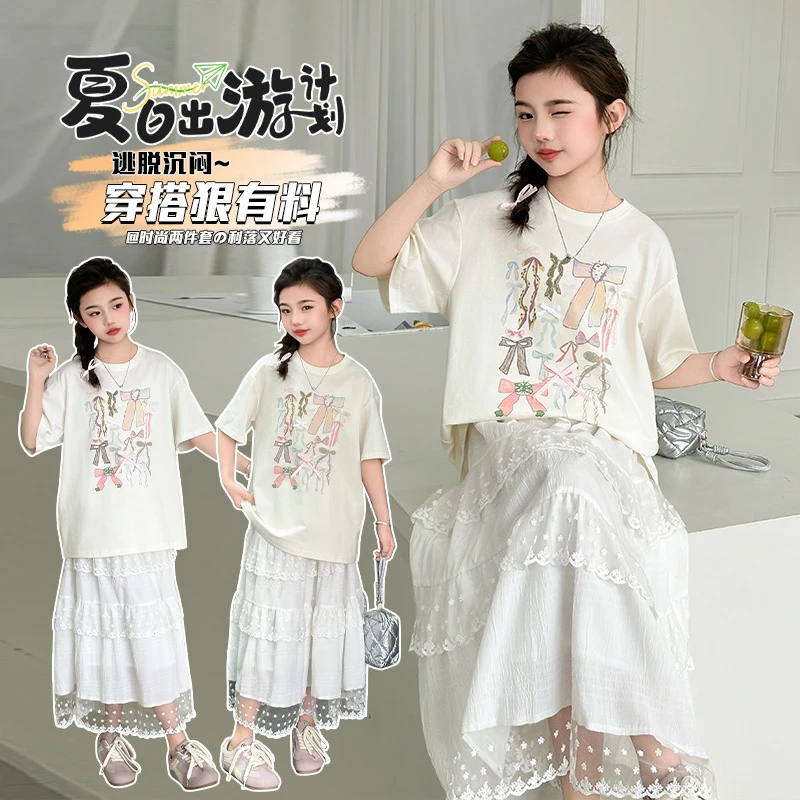 女童套装2025夏季新款洋气蝴蝶结印花短袖裙子套装时尚半身裙韩版