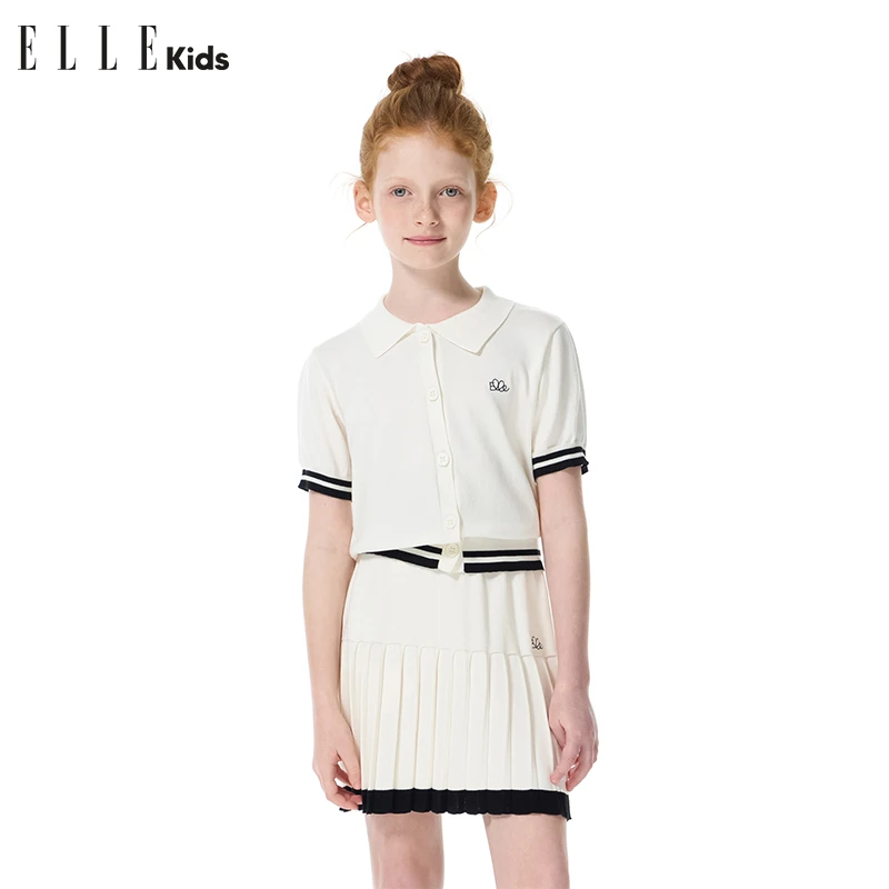 ELLE KIDS夏季时尚小香风翻领短袖开衫女童学院风白色针织衫zs3