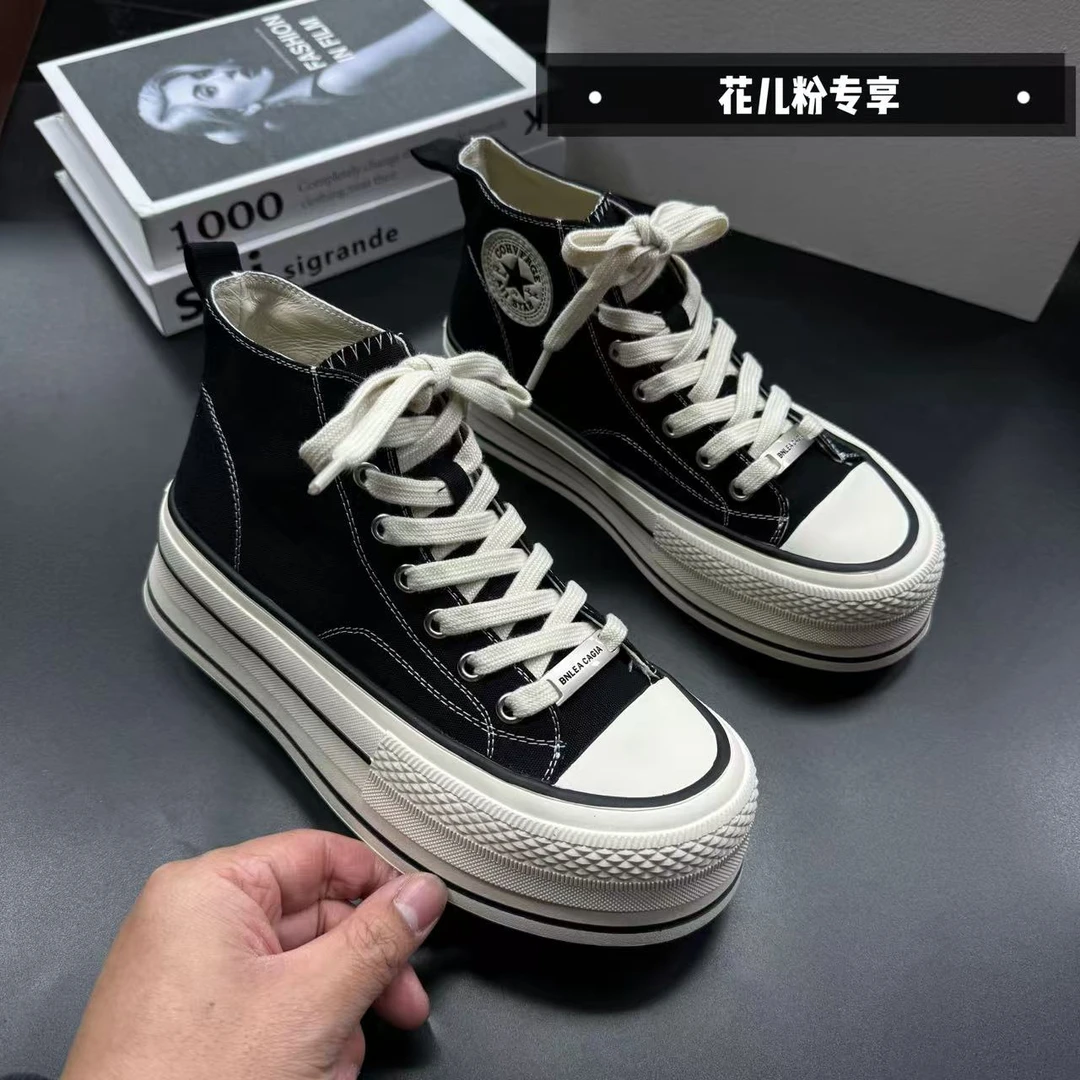 潮流高帮高帮鞋韩版松紧带小白鞋硫化秋季帆布鞋夏季8840-1黑色