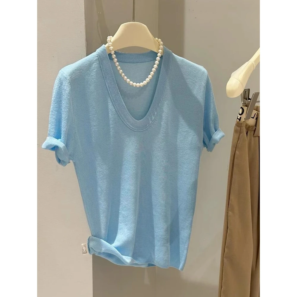 巨爱，别提多好穿了！蓝色U领显瘦针织短袖上衣女2025夏季休闲T恤新