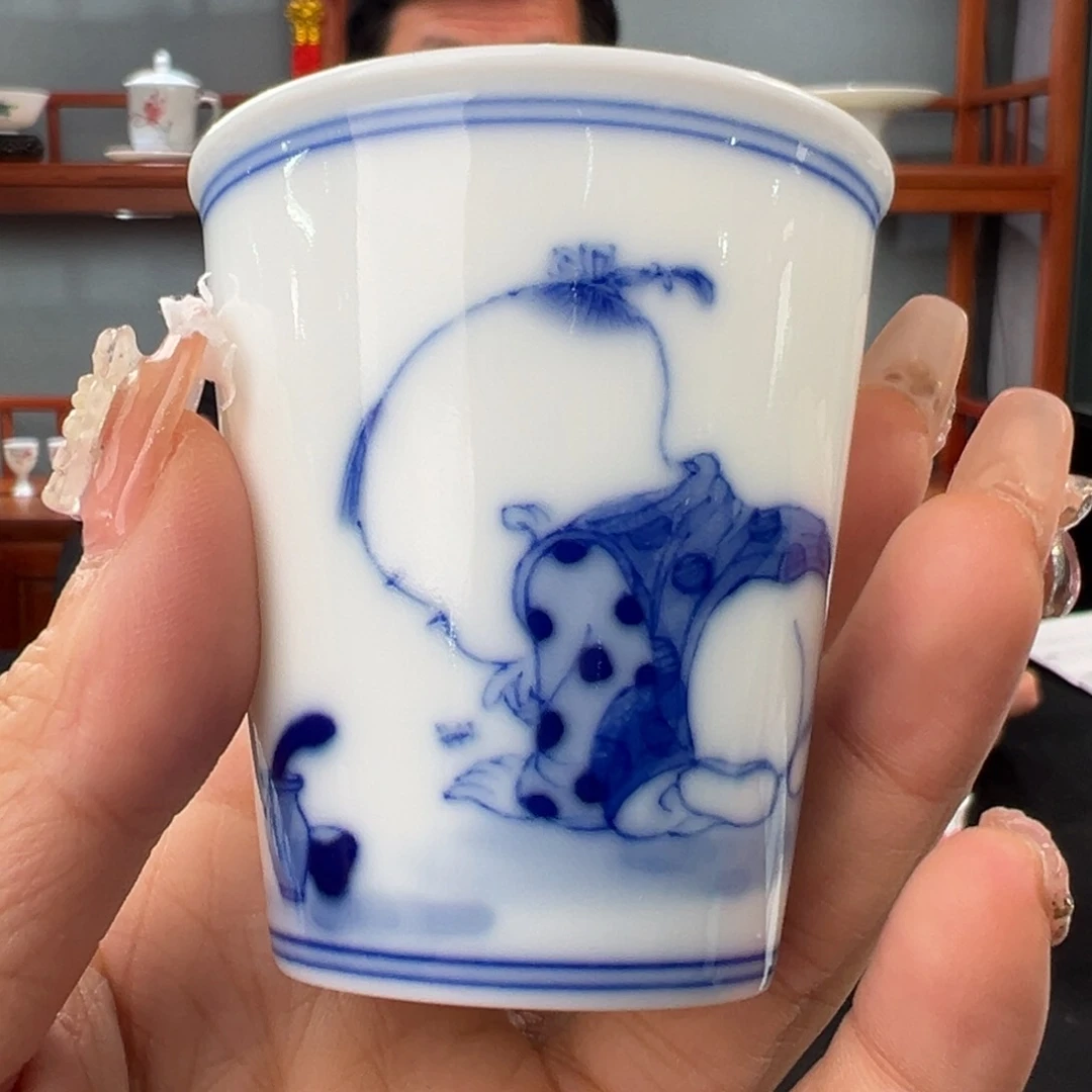 柴窑青花童子可乐杯