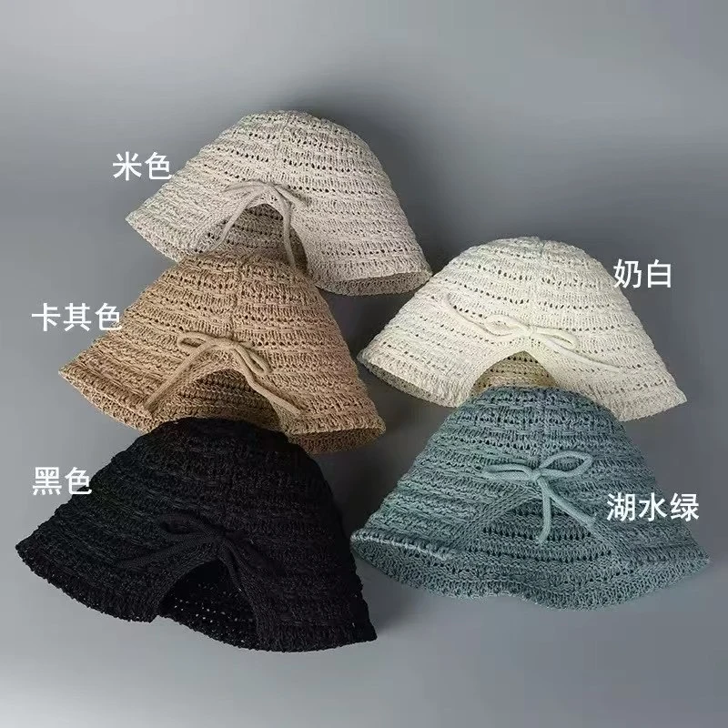 【涧蓝正品】新款后开叉蝴蝶结渔夫帽子女显脸小百搭盆帽镂空针织帽