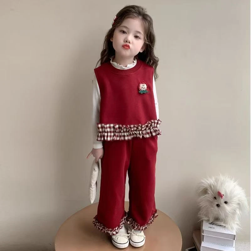 女童套装2025新款韩版儿童女宝宝洋气时髦春秋款酒红色长袖