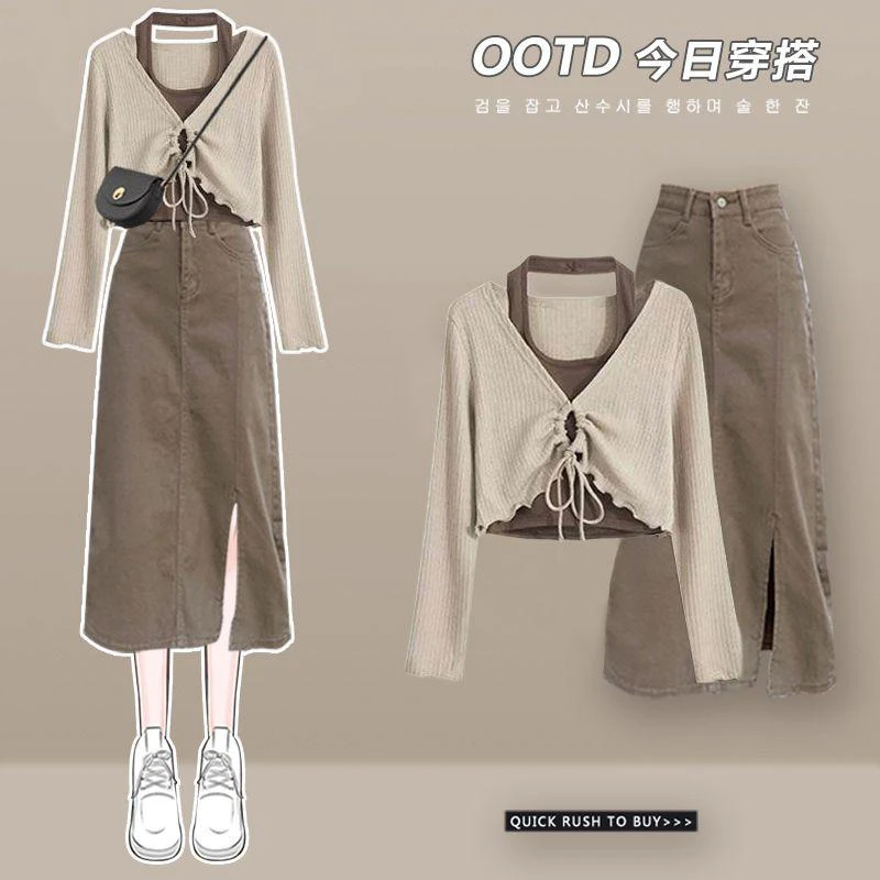 【品质专属】春季套装女2025新款假两件上衣配显瘦牛仔半身裙两件套