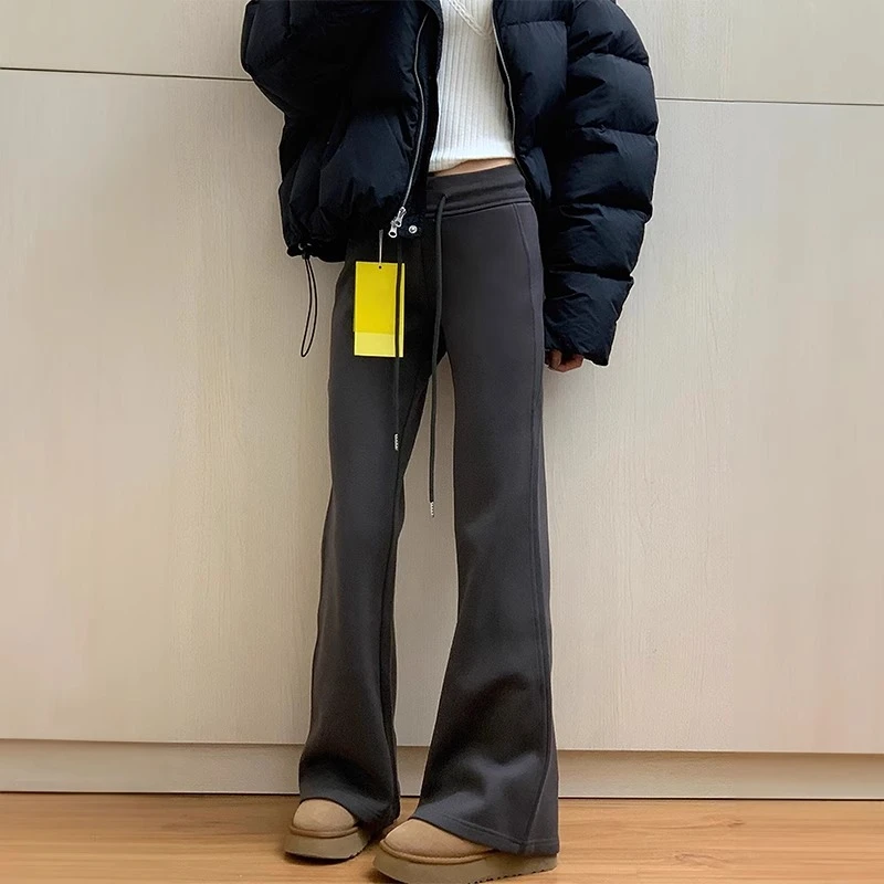 【青青】大码深灰色微喇休闲裤女冬季高腰弹力裤子显瘦运动卫裤6285