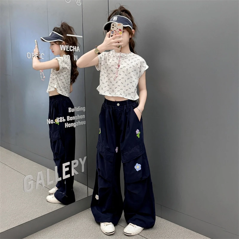 女童夏装休闲套装2025新款6-12岁15时尚短袖洋气美式工装裤两件套