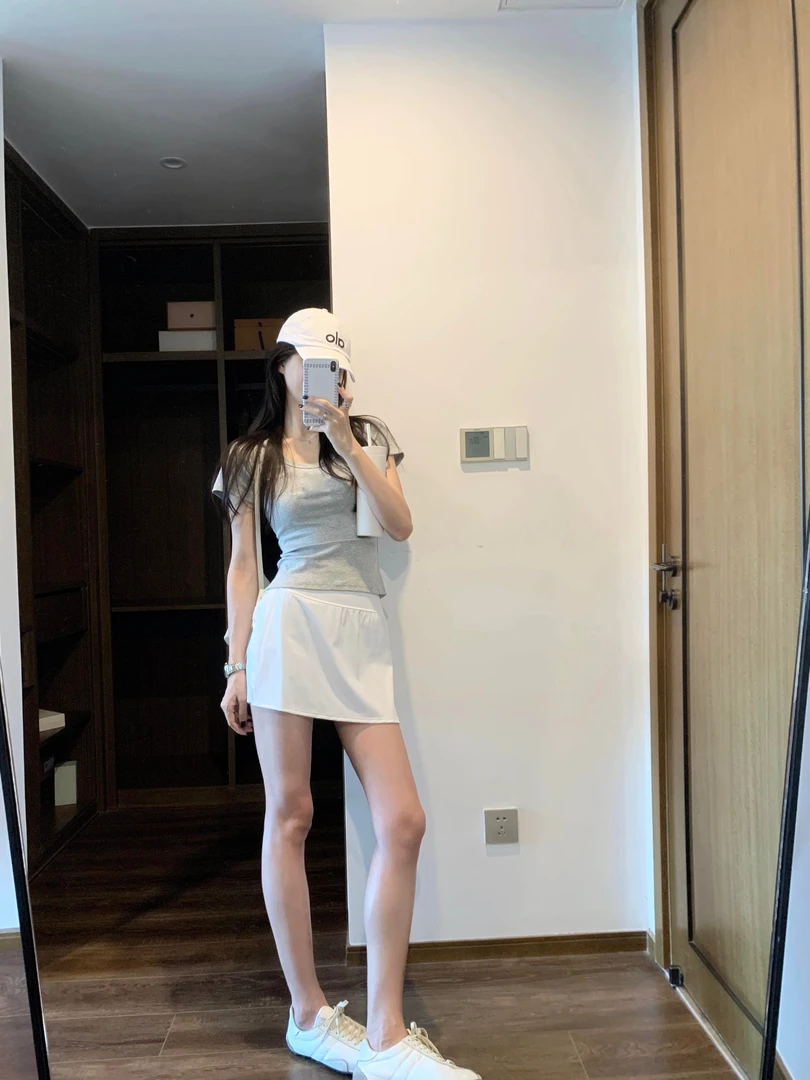 2025夏季新款韩系简约灰色正肩圆领短袖t恤高腰显瘦半身裙两件套