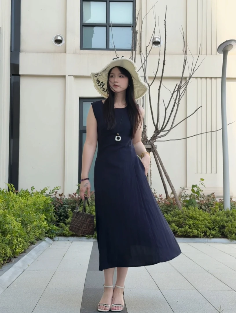 【LL】亚麻显瘦连衣裙无袖夏季女士法式长裙时尚深蓝色A字裙气质