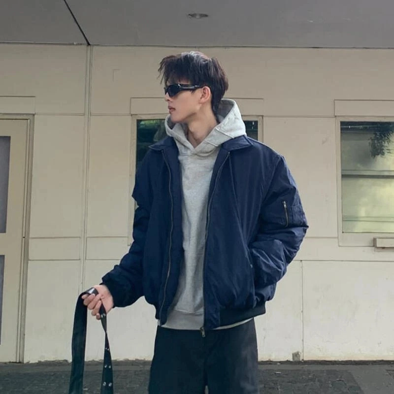 藏青色bomber美式飞行夹克外套男春秋cleanfit短款休闲翻领棒球服